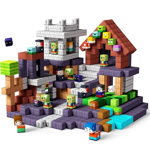 Klocki magnetyczne 300 szt. pixel-style – konstrukcje dom, lawa, drzewo