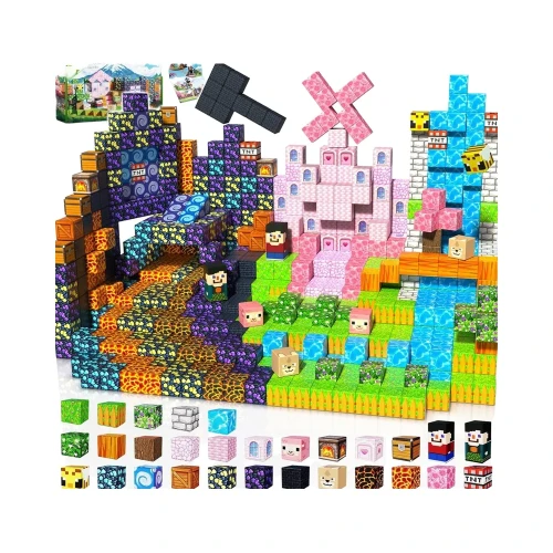 Klocki magnetyczne 300 szt. pixel-style – konstrukcje dom, lawa, drzewo