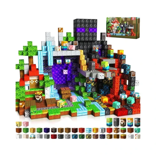 Klocki magnetyczne 300 szt. pixel-style – konstrukcje dom, lawa, drzewo