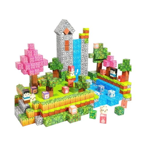Klocki magnetyczne 300 szt. pixel-style – konstrukcje dom, lawa, drzewo