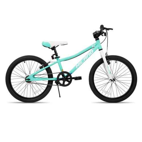 Miętowy rower dziecięcy Hiland 20 cali typu MTB z napędem single speed i stopką.