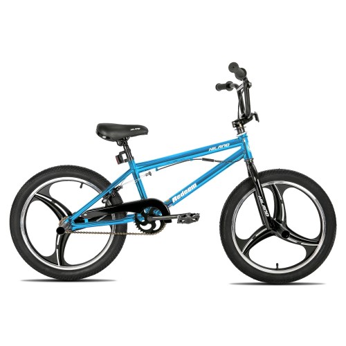 Rower BMX Hiland 20 cali z tęczowym wykończeniem olejowym, 3-ramiennymi felgami i rotorem 360 stopni do freestyle'u.