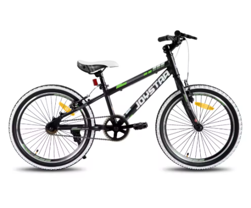 Czarny rower dziecięcy JOYSTAR Lubbock 20 cali z biało-zielonymi detalami i białymi oponami.
