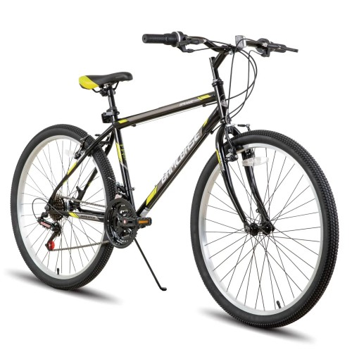 Czarny rower górski Hiland MTB na srebrnych obręczach z żółtymi detalami na ramie i siodełku.