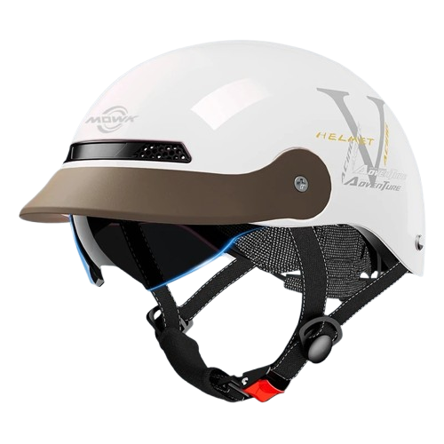 Otwarty kask motorowy retro z widocznym z profilu mechanicznym systemem pokrętła do regulacji obwodu wewnętrznego