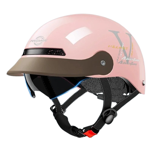 Otwarty kask motorowy retro z widocznym z profilu mechanicznym systemem pokrętła do regulacji obwodu wewnętrznego