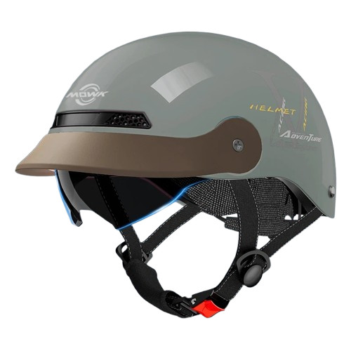 Otwarty kask motorowy retro z widocznym z profilu mechanicznym systemem pokrętła do regulacji obwodu wewnętrznego