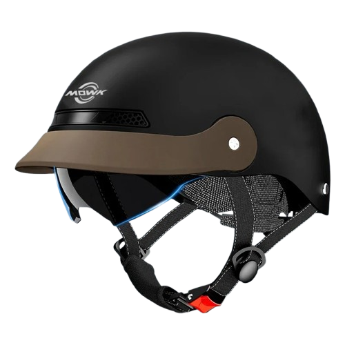 Otwarty kask motocyklowy retro z widocznym z profilu mechanicznym systemem pokrętła do regulacji obwodu wewnętrznego