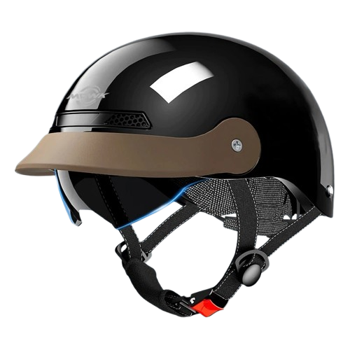 Otwarty kask motocyklowy retro z widocznym z profilu mechanicznym systemem pokrętła do regulacji obwodu wewnętrznego